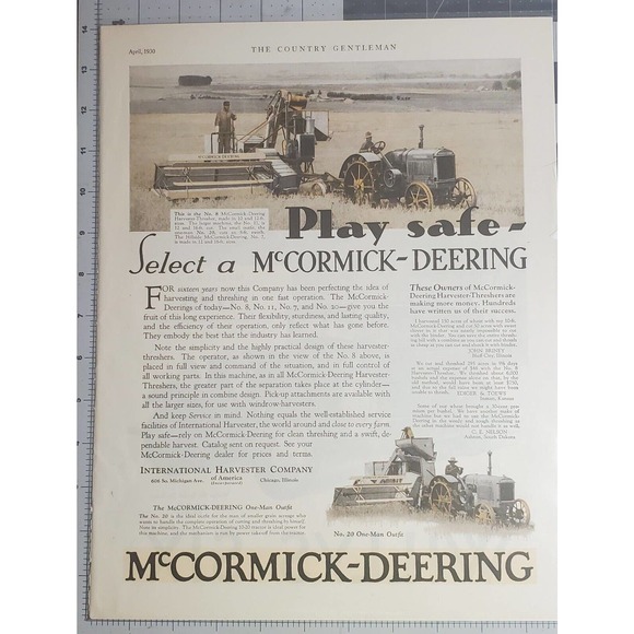 April 1930 McCormick-Deering Tractor and Combine Advertisement - Picture 1 of 4